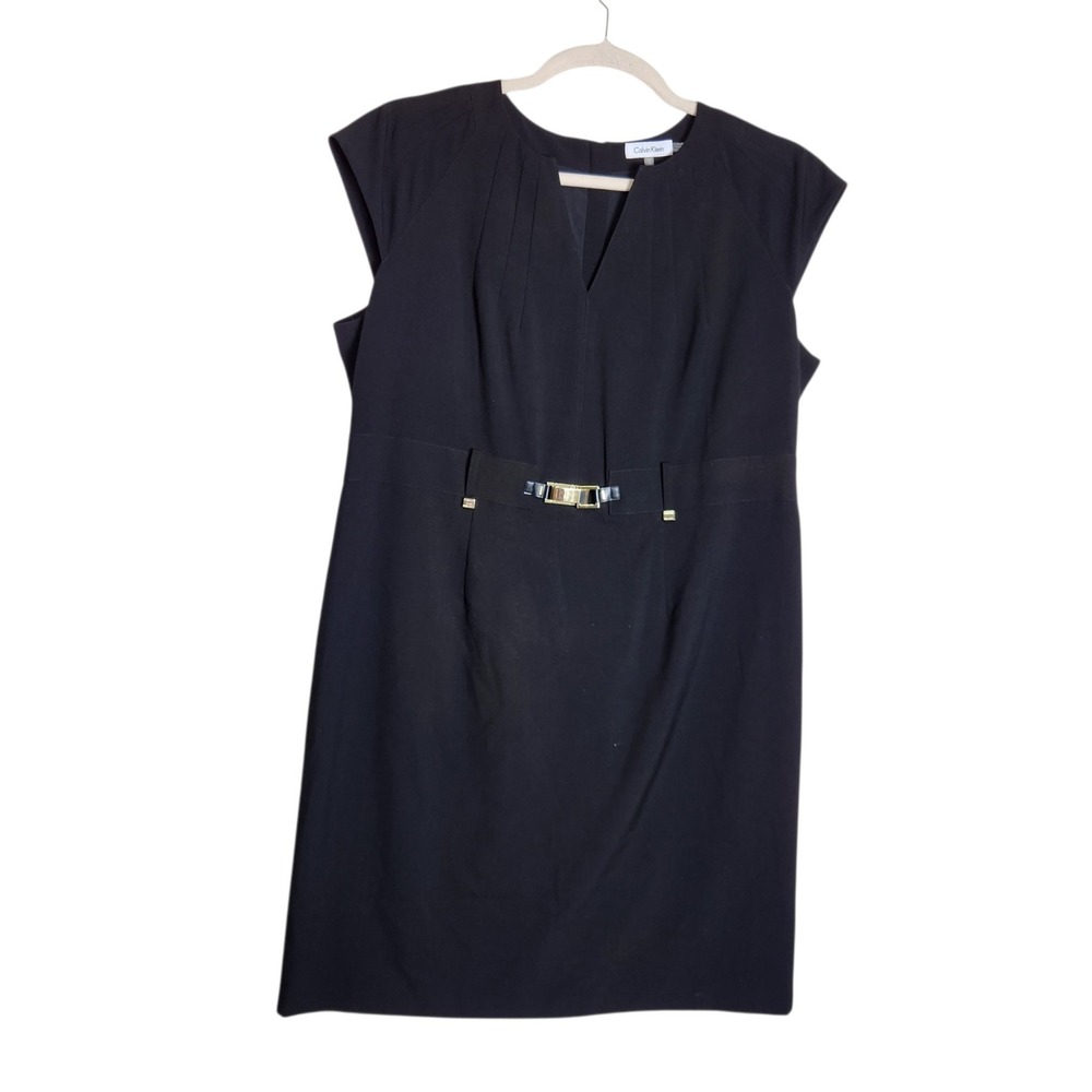 Calvin Klein Womens Black V-Neck Cap Sleeve Sheath Dress Gold Buckle 18W